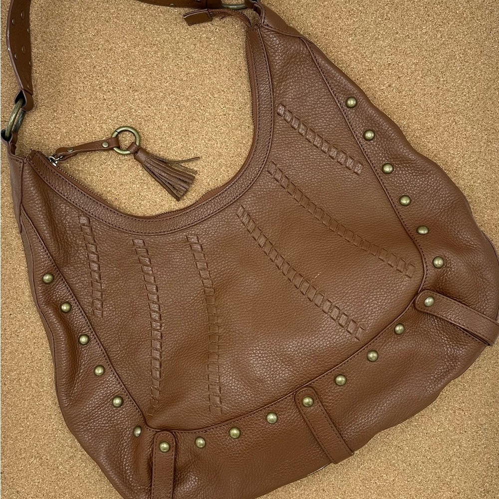 Fossil Brown Leather Hobo Bag with Studded Details